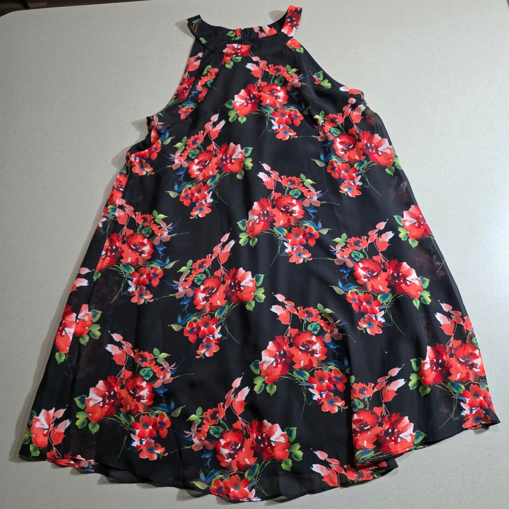 Betsey Johnson Black Red Floral Halter Neck Mini Dress Size 8 Sleeveless Chiffon
